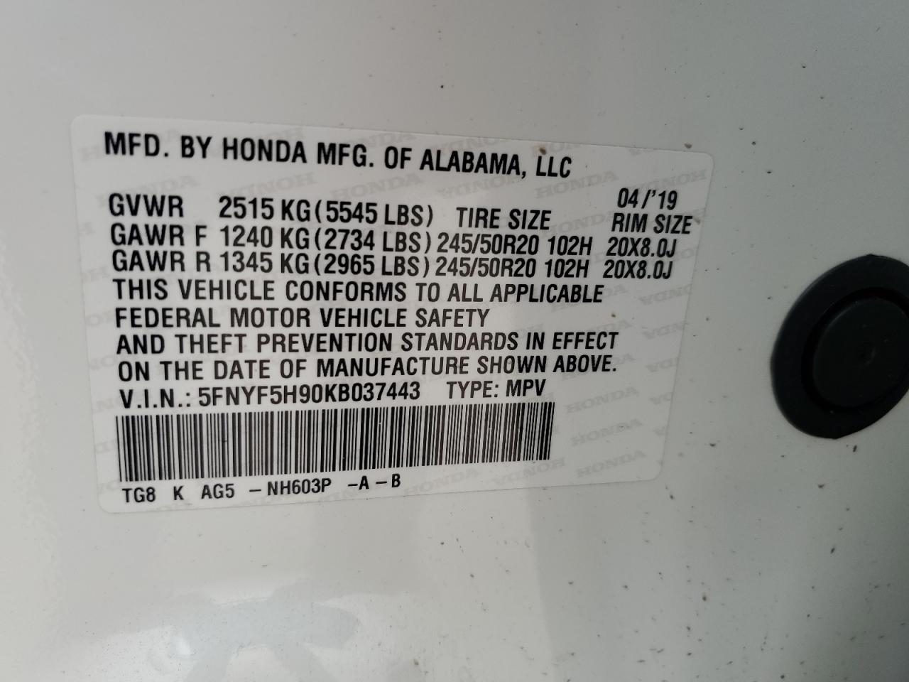 Photo 12 VIN: 5FNYF5H90KB037443 - HONDA PILOT 