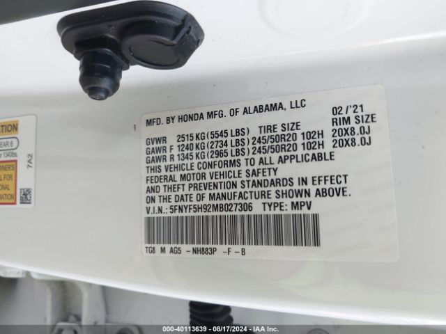 Photo 8 VIN: 5FNYF5H92MB027306 - HONDA PILOT 