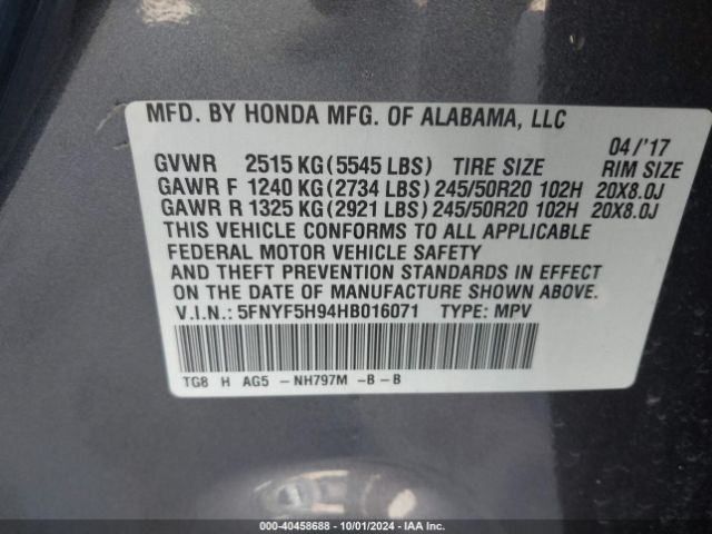 Photo 8 VIN: 5FNYF5H94HB016071 - HONDA PILOT 