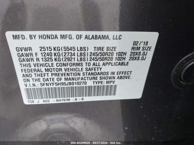 Photo 8 VIN: 5FNYF5H95JB010270 - HONDA PILOT 