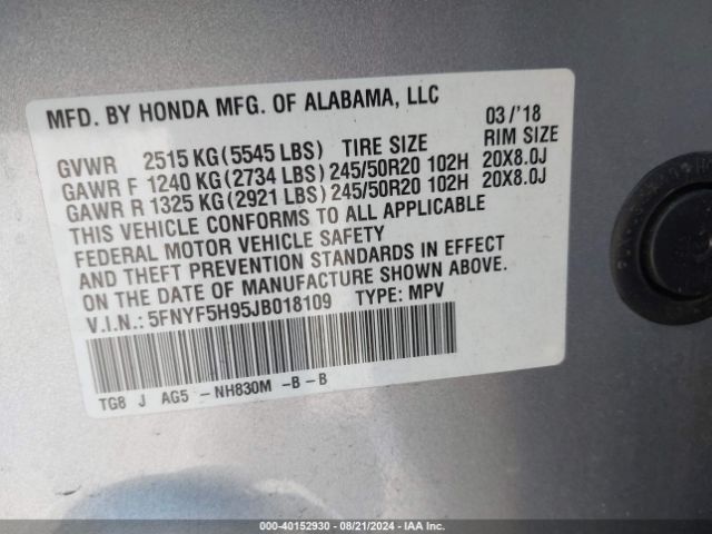 Photo 8 VIN: 5FNYF5H95JB018109 - HONDA PILOT 