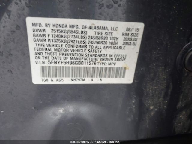 Photo 8 VIN: 5FNYF5H96GB011579 - HONDA PILOT 