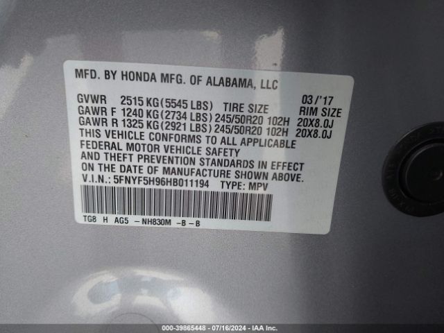 Photo 8 VIN: 5FNYF5H96HB011194 - HONDA PILOT 