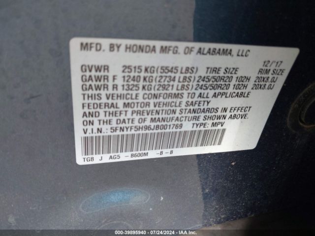 Photo 8 VIN: 5FNYF5H96JB001769 - HONDA PILOT 