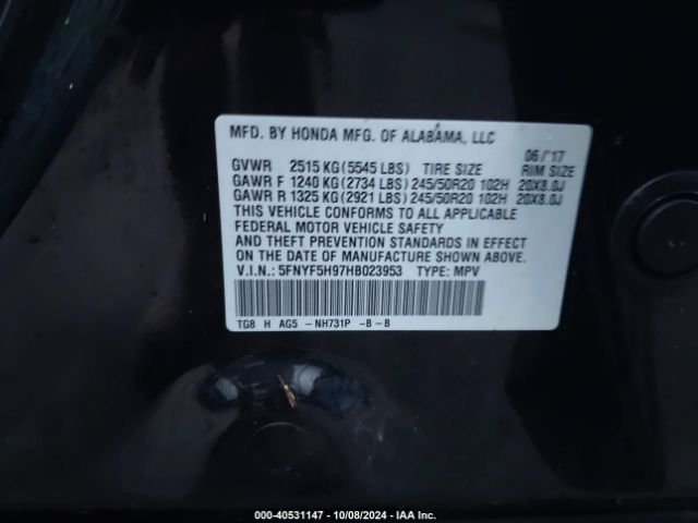 Photo 8 VIN: 5FNYF5H97HB023953 - HONDA PILOT 