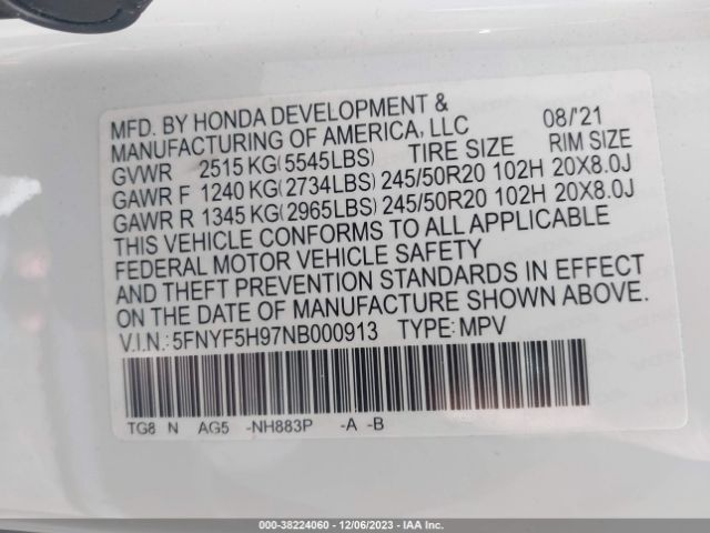 Photo 8 VIN: 5FNYF5H97NB000913 - HONDA PILOT 