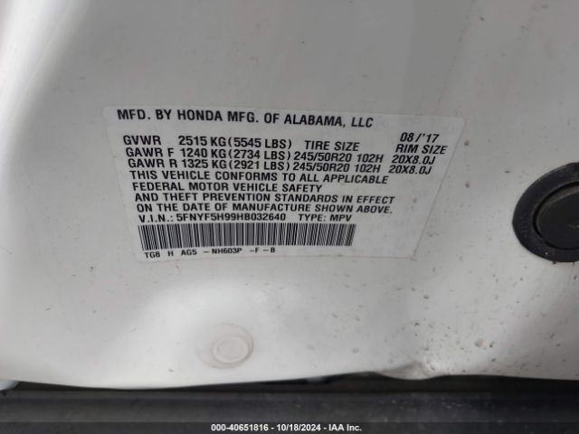 Photo 8 VIN: 5FNYF5H99HB032640 - HONDA PILOT 