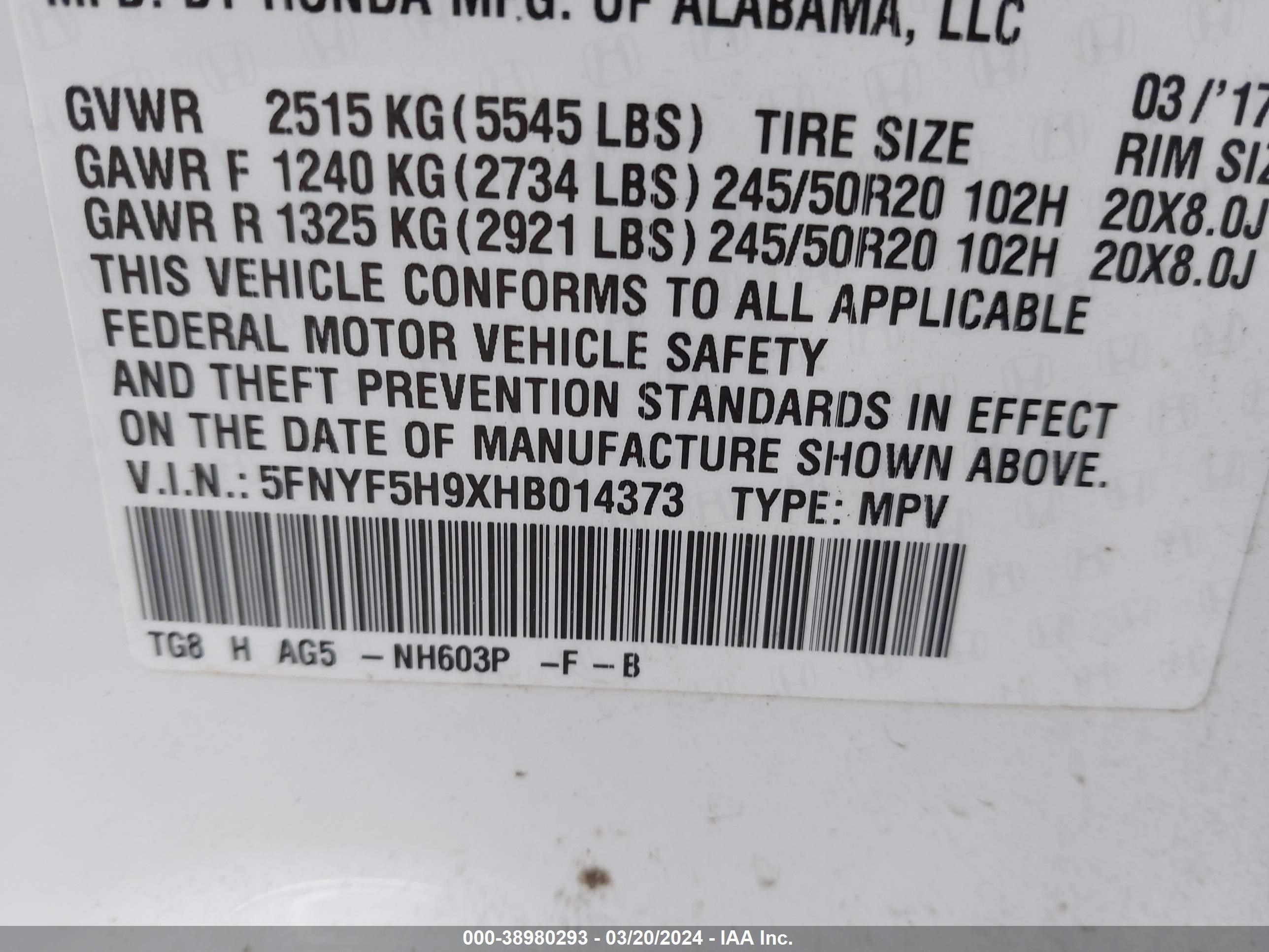 Photo 8 VIN: 5FNYF5H9XHB014373 - HONDA PILOT 