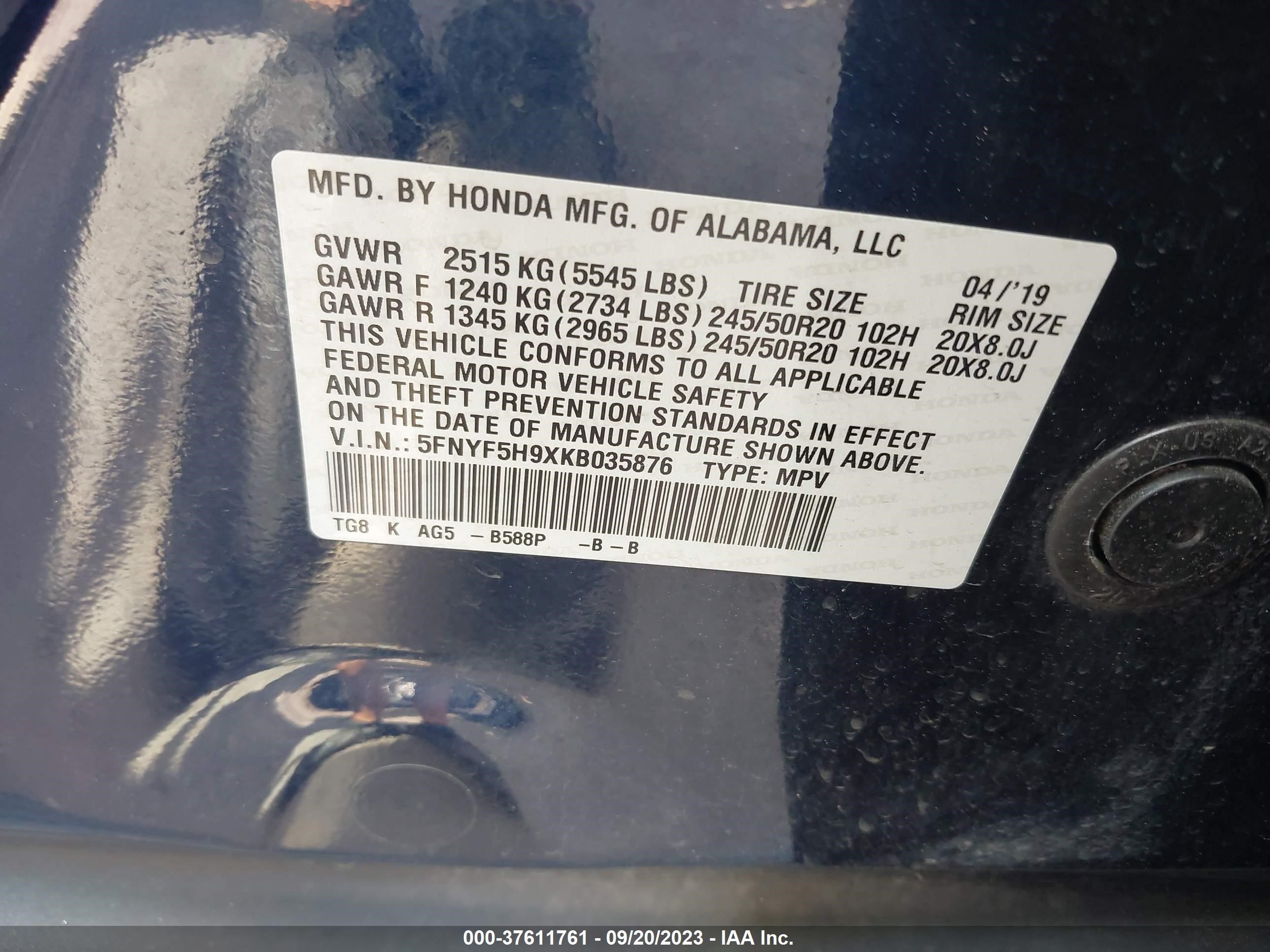 Photo 8 VIN: 5FNYF5H9XKB035876 - HONDA PILOT 