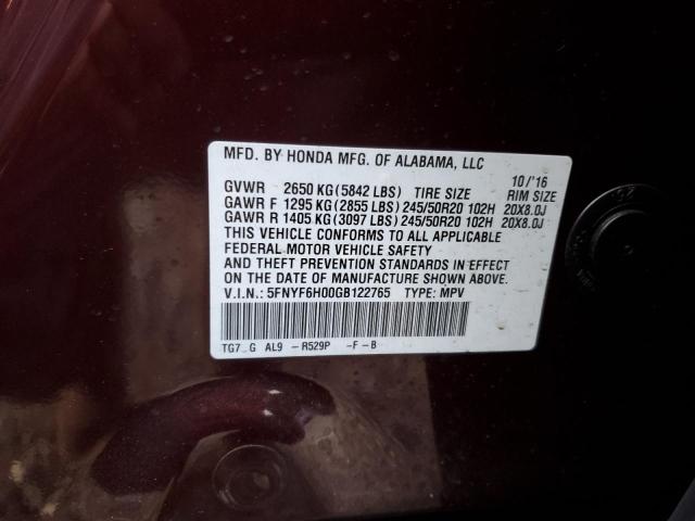 Photo 12 VIN: 5FNYF6H00GB122765 - HONDA PILOT ELIT 