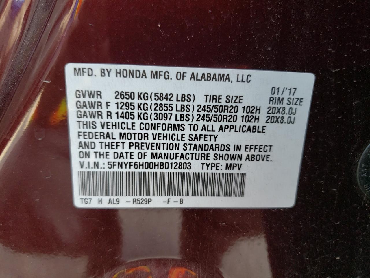 Photo 11 VIN: 5FNYF6H00HB012803 - HONDA PILOT 