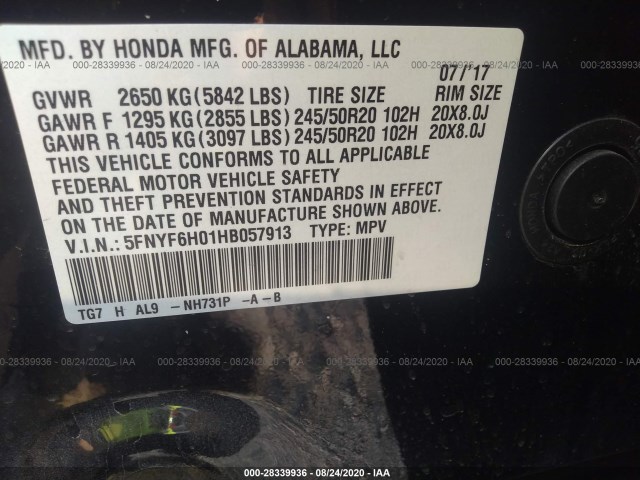 Photo 8 VIN: 5FNYF6H01HB057913 - HONDA PILOT 