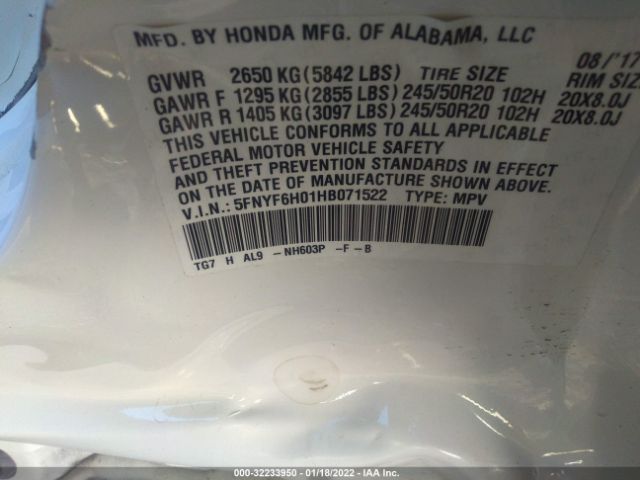 Photo 8 VIN: 5FNYF6H01HB071522 - HONDA PILOT 