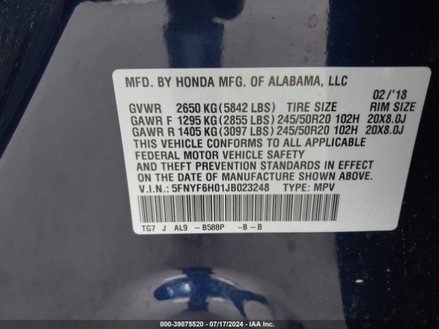 Photo 8 VIN: 5FNYF6H01JB023248 - HONDA PILOT 