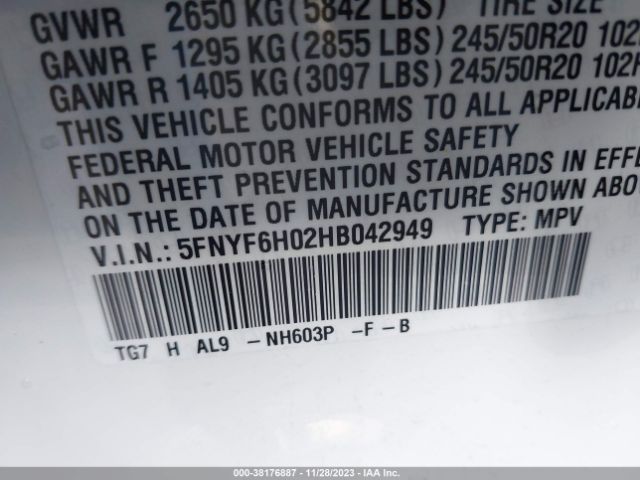 Photo 8 VIN: 5FNYF6H02HB042949 - HONDA PILOT 