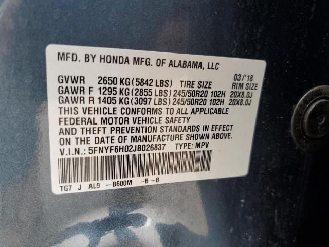 Photo 9 VIN: 5FNYF6H02JB026837 - HONDA PILOT ELIT 