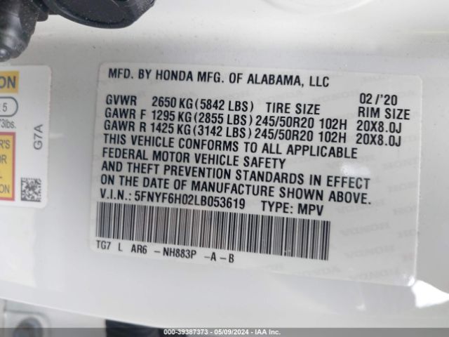 Photo 8 VIN: 5FNYF6H02LB053619 - HONDA PILOT 