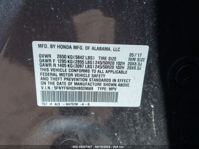 Photo 8 VIN: 5FNYF6H03HB039669 - HONDA PILOT 