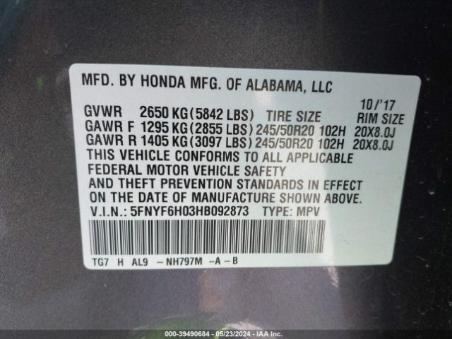 Photo 8 VIN: 5FNYF6H03HB092873 - HONDA PILOT 