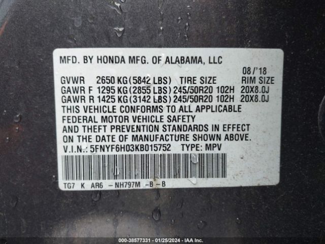 Photo 8 VIN: 5FNYF6H03KB015752 - HONDA PILOT 