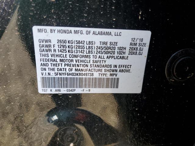 Photo 11 VIN: 5FNYF6H03KB049738 - HONDA PILOT ELIT 