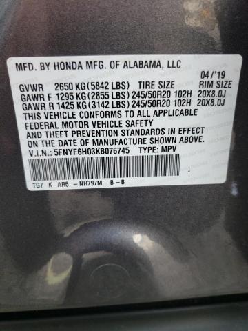 Photo 9 VIN: 5FNYF6H03KB076745 - HONDA PILOT ELIT 