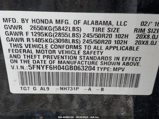 Photo 8 VIN: 5FNYF6H04GB063204 - HONDA PILOT 