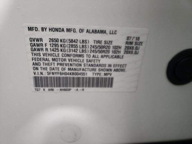 Photo 9 VIN: 5FNYF6H04KB004551 - HONDA PILOT ELIT 