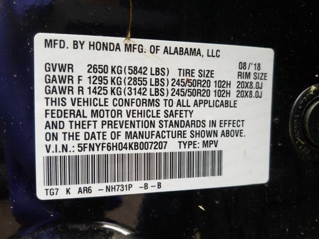 Photo 9 VIN: 5FNYF6H04KB007207 - HONDA PILOT ELIT 