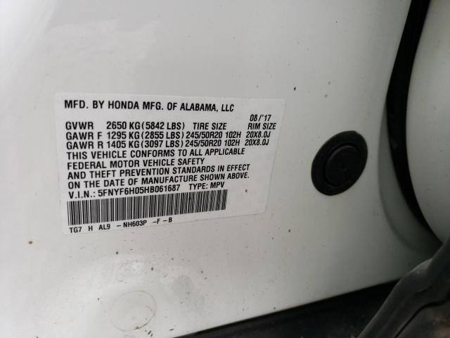 Photo 11 VIN: 5FNYF6H05HB061687 - HONDA PILOT ELIT 