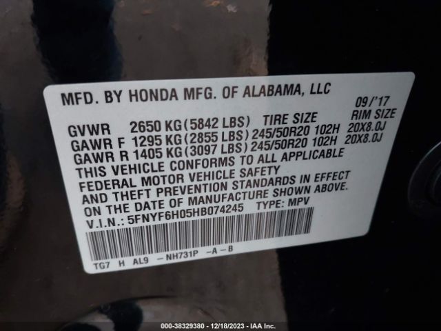 Photo 8 VIN: 5FNYF6H05HB074245 - HONDA PILOT 