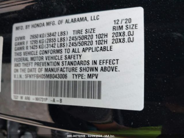 Photo 8 VIN: 5FNYF6H05MB043006 - HONDA PILOT 