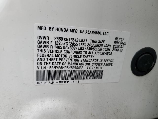 Photo 12 VIN: 5FNYF6H06HB070432 - HONDA PILOT ELIT 