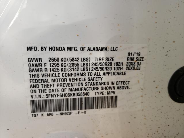 Photo 9 VIN: 5FNYF6H06KB058840 - HONDA PILOT ELIT 