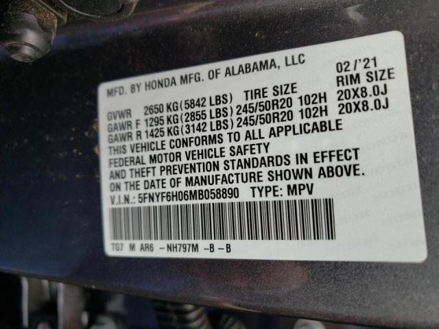 Photo 9 VIN: 5FNYF6H06MB058890 - HONDA PILOT ELIT 