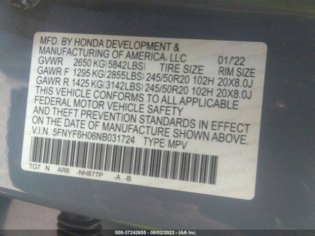 Photo 8 VIN: 5FNYF6H06NB031724 - HONDA PILOT 