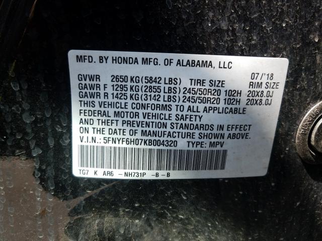 Photo 9 VIN: 5FNYF6H07KB004320 - HONDA PILOT ELIT 