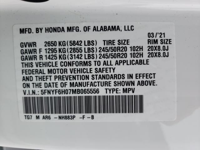 Photo 9 VIN: 5FNYF6H07MB065556 - HONDA PILOT ELIT 