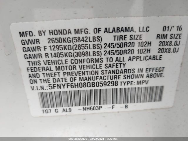 Photo 8 VIN: 5FNYF6H08GB059298 - HONDA PILOT 