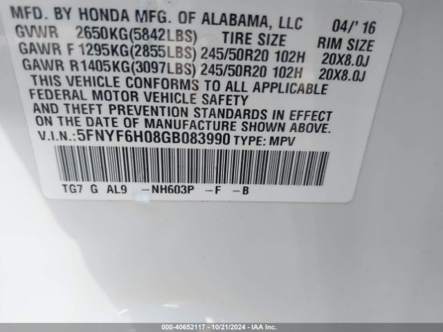 Photo 8 VIN: 5FNYF6H08GB083990 - HONDA PILOT 