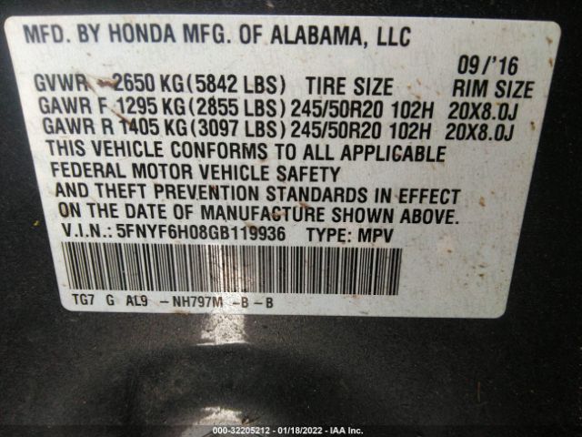 Photo 8 VIN: 5FNYF6H08GB119936 - HONDA PILOT 