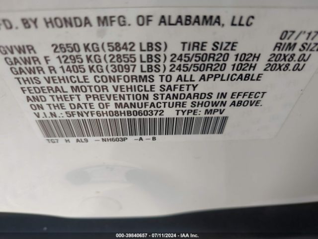 Photo 8 VIN: 5FNYF6H08HB060372 - HONDA PILOT 