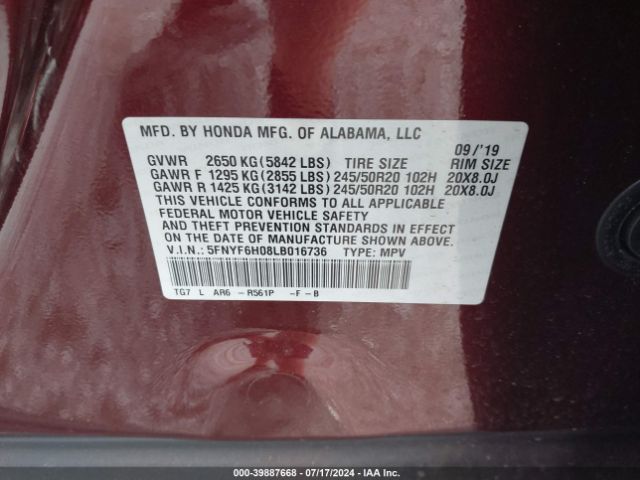 Photo 8 VIN: 5FNYF6H08LB016736 - HONDA PILOT 