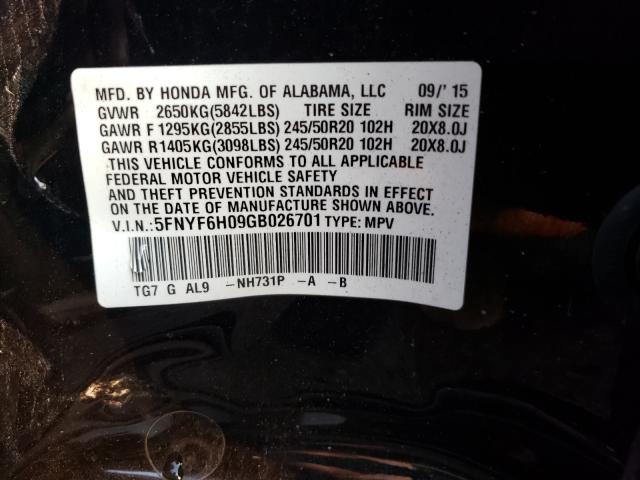 Photo 9 VIN: 5FNYF6H09GB026701 - HONDA PILOT ELIT 