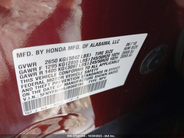 Photo 8 VIN: 5FNYF6H09JB068194 - HONDA PILOT 