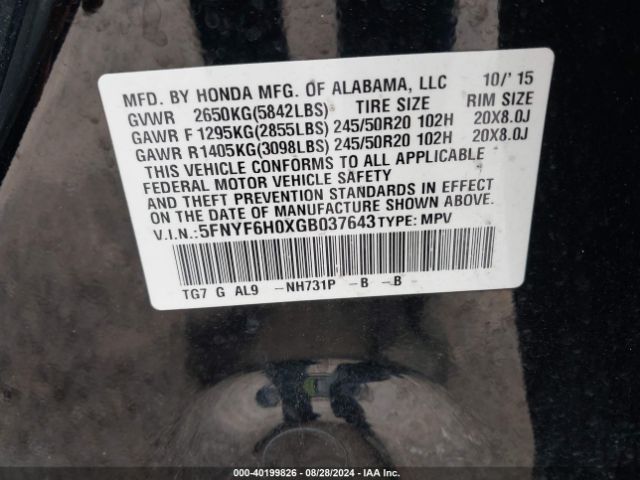 Photo 8 VIN: 5FNYF6H0XGB037643 - HONDA PILOT 