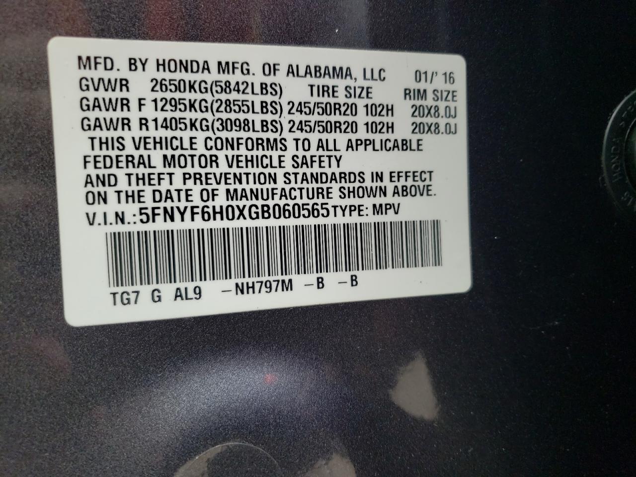 Photo 11 VIN: 5FNYF6H0XGB060565 - HONDA PILOT 