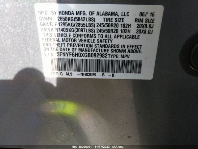 Photo 8 VIN: 5FNYF6H0XGB092982 - HONDA PILOT 