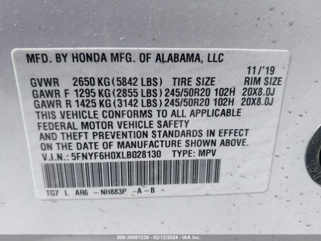 Photo 8 VIN: 5FNYF6H0XLB028130 - HONDA PILOT 