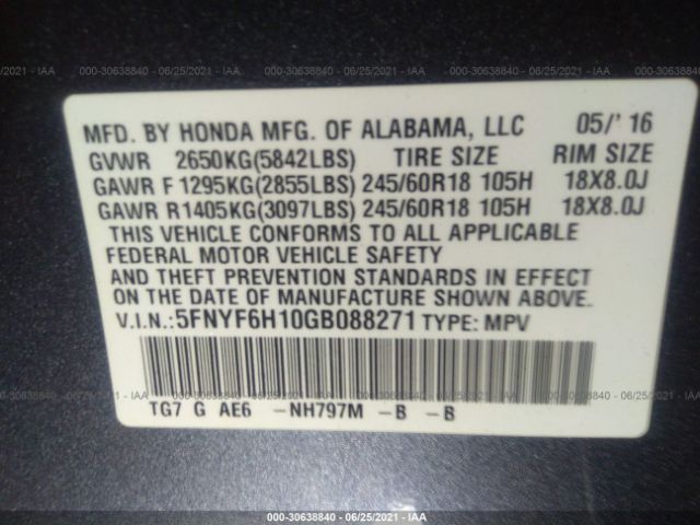 Photo 8 VIN: 5FNYF6H10GB088271 - HONDA PILOT 